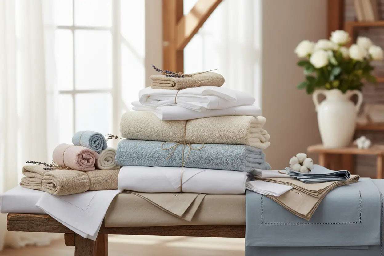 Linge de maison avec serviettes de bain, plaids et torchons.