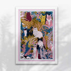 Affiche, impression d'art Le jardin des chats par Kitty avec cadre blanc.