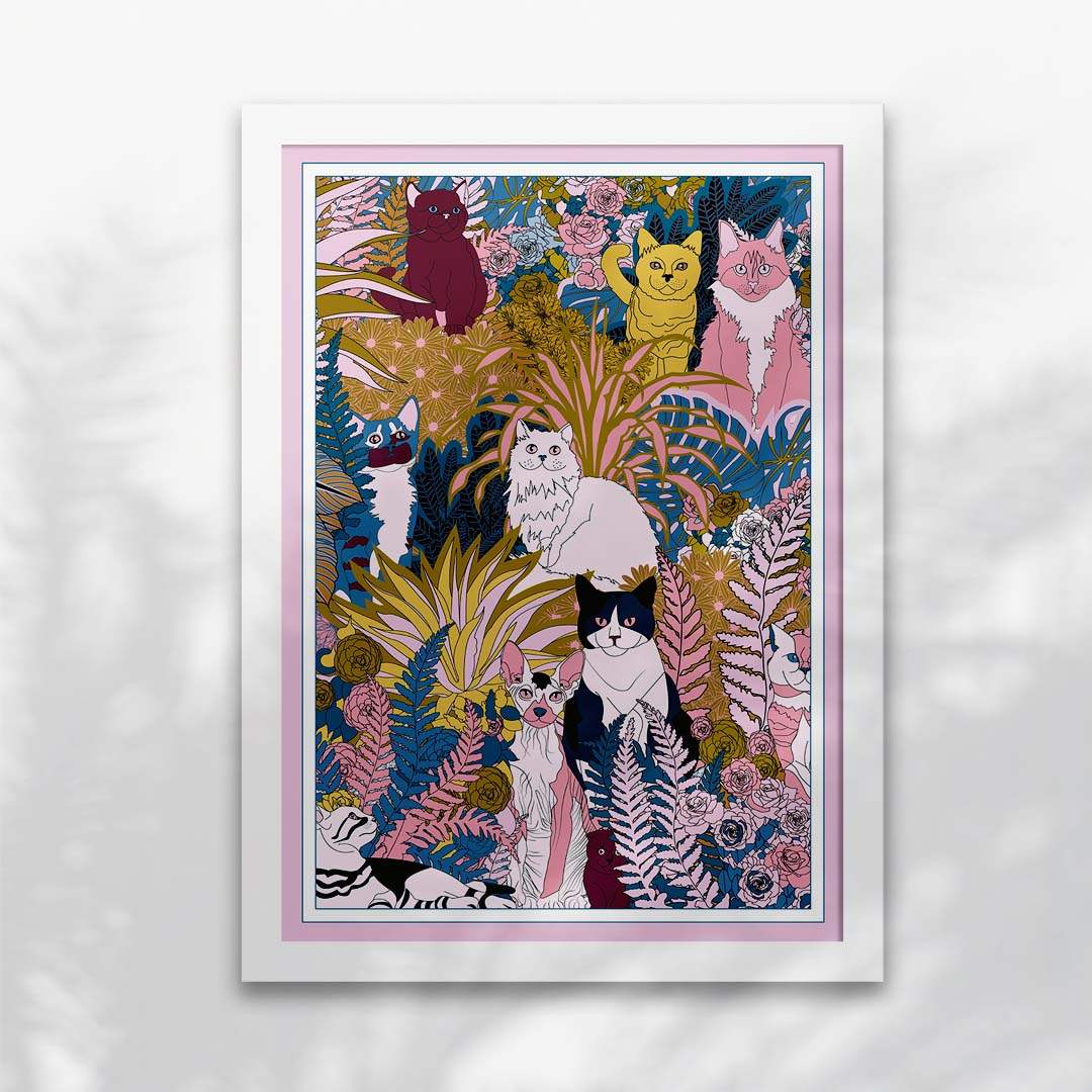 Affiche, impression d'art Le jardin des chats par Kitty avec cadre blanc.