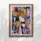 Affiche, impression d'art Le jardin des chats par Kitty avec cadre chêne.