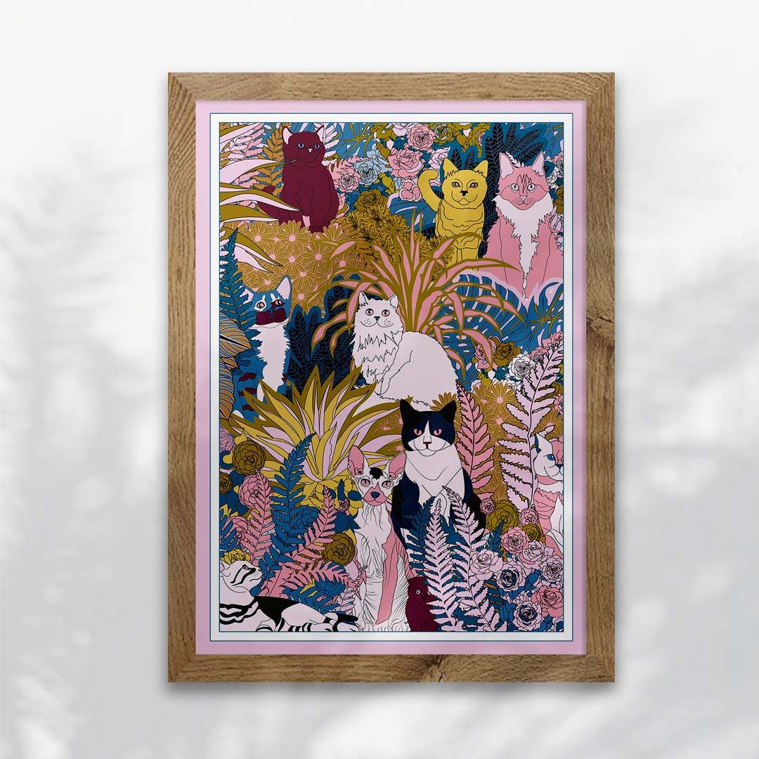Affiche, impression d'art Le jardin des chats par Kitty avec cadre chêne.