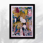 Affiche, impression d'art Le jardin des chats par Kitty avec cadre noir.
