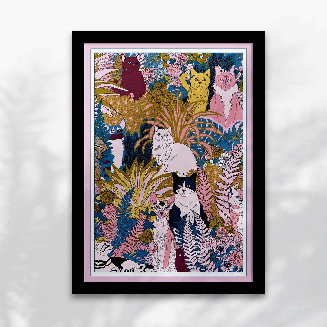 Affiche, impression d'art Le jardin des chats par Kitty avec cadre noir.