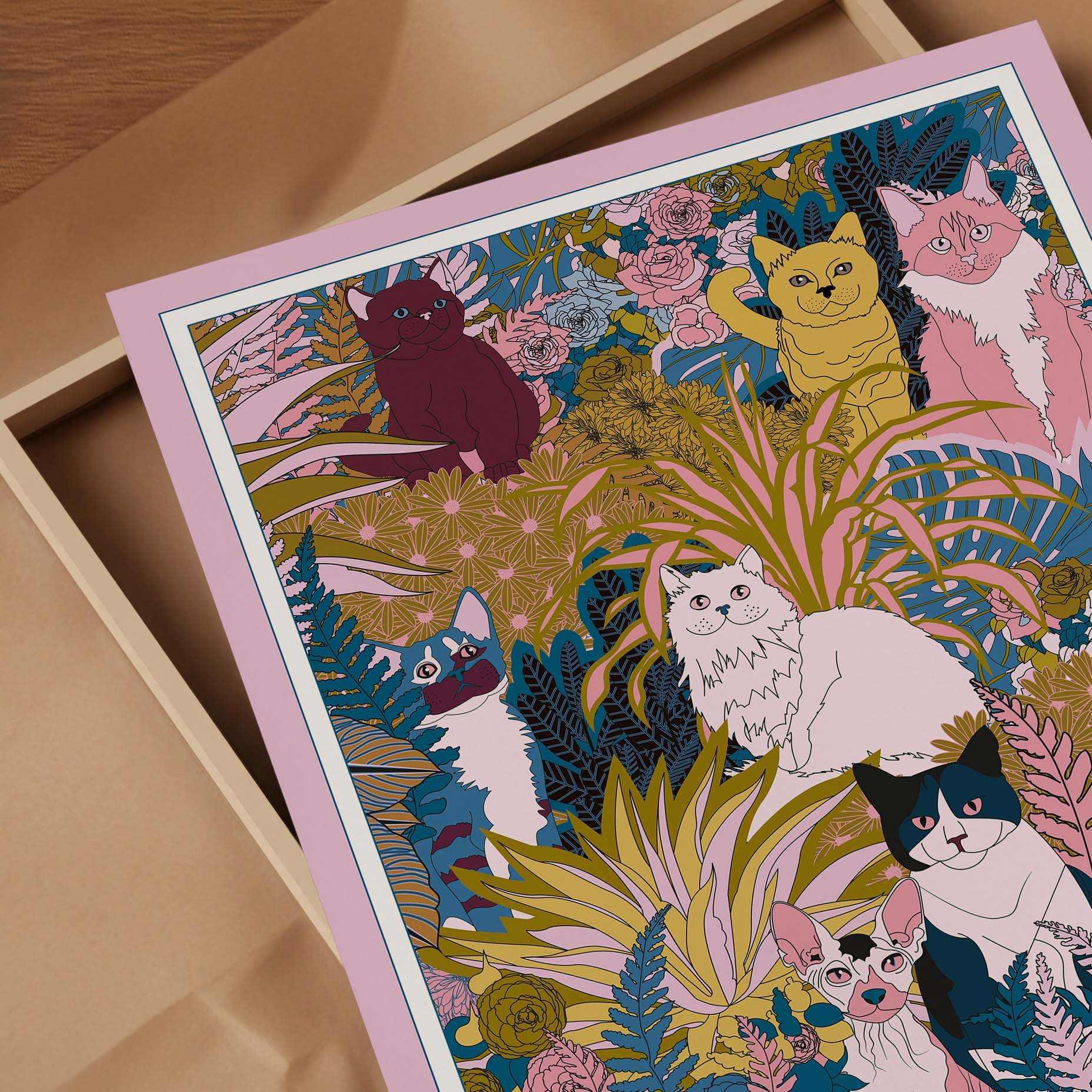 Affiche, poster, impression d'art Le jardin des chats, A1, A2, A3, A4.