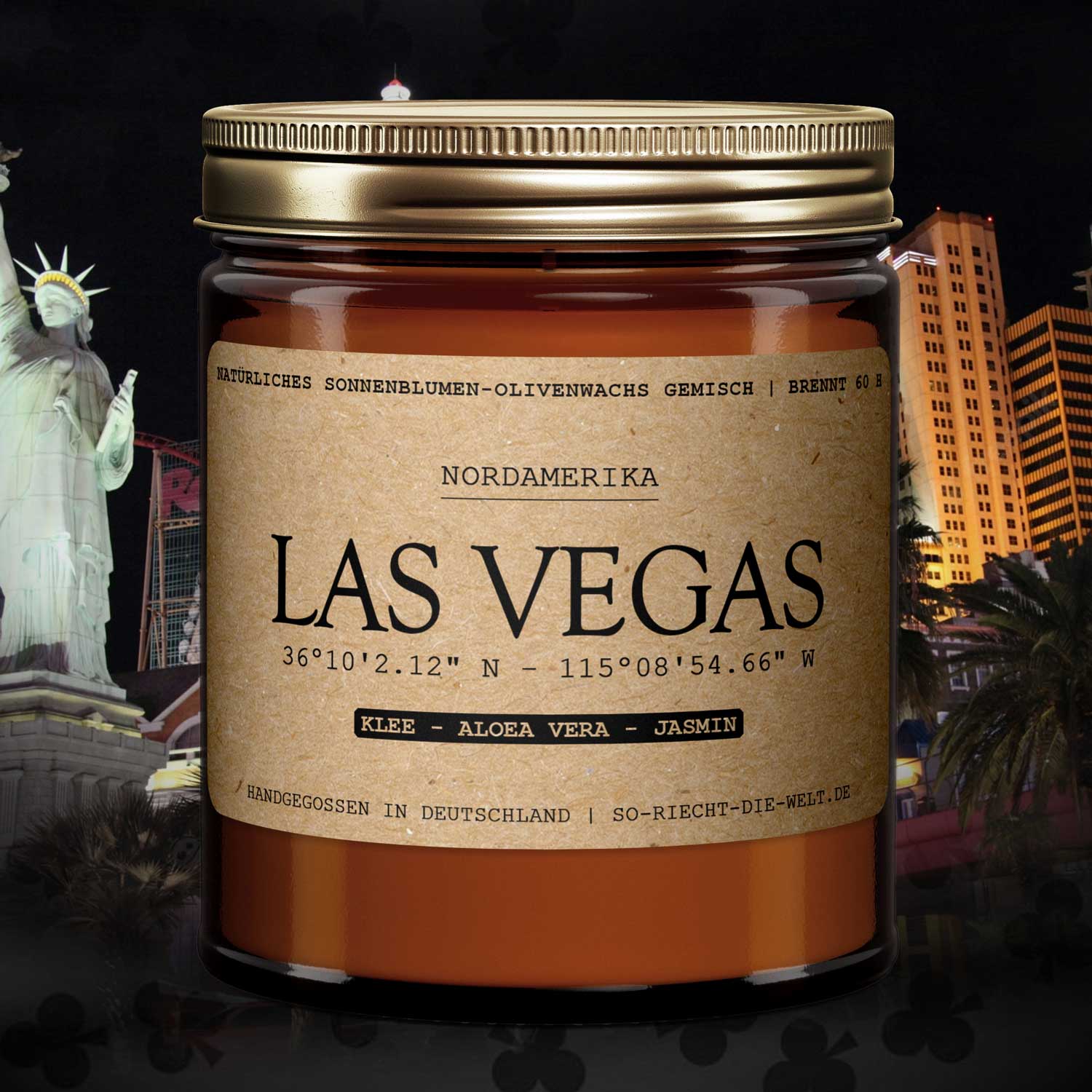 Bougie artisanale parfumée Las Vegas, cire de tournesol et d'olive, parfum trèfle, aloe vera et jasmin