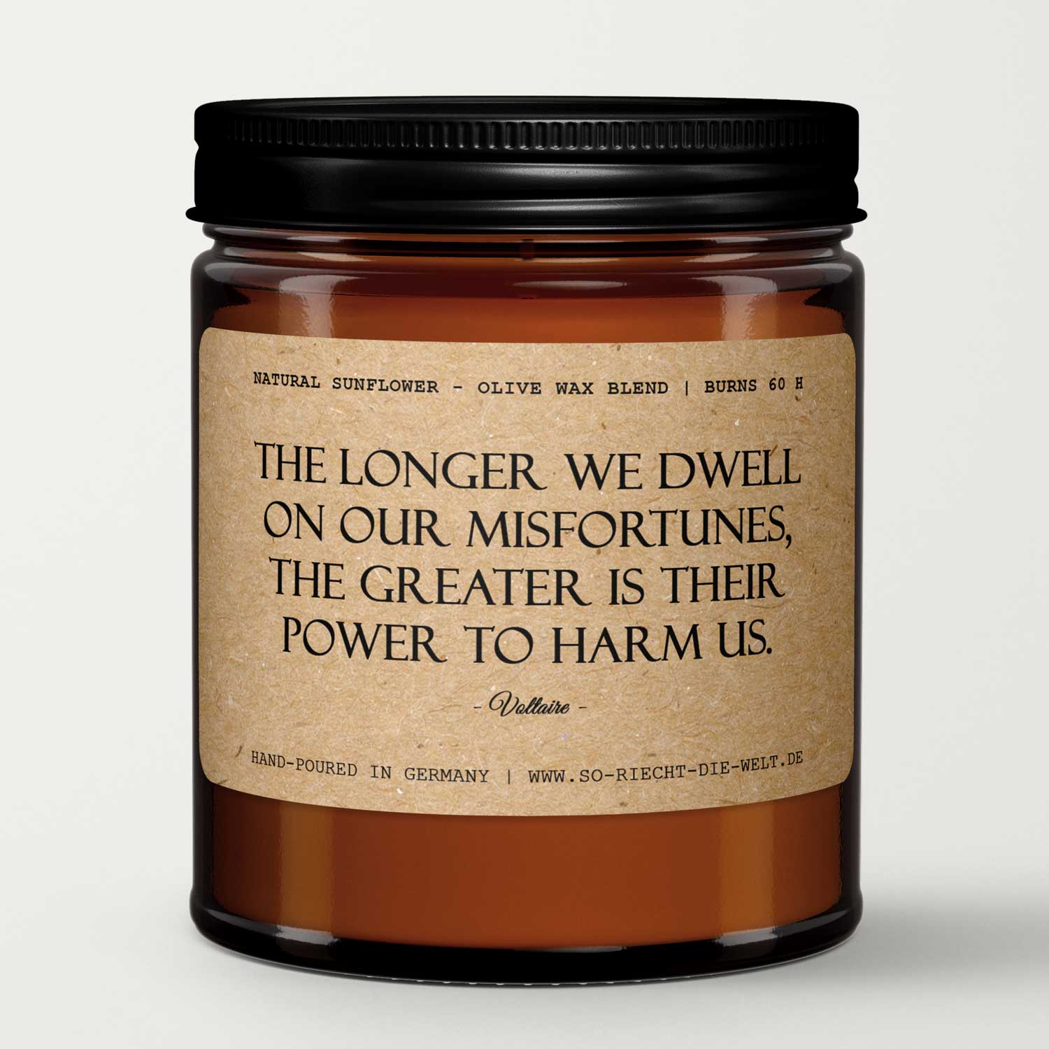 Bougie parfumée artisanale, vegan, naturelle, non-toxique et durable à la cire de tournesol et d'olive, 5 parfums, avec citation Voltaire.