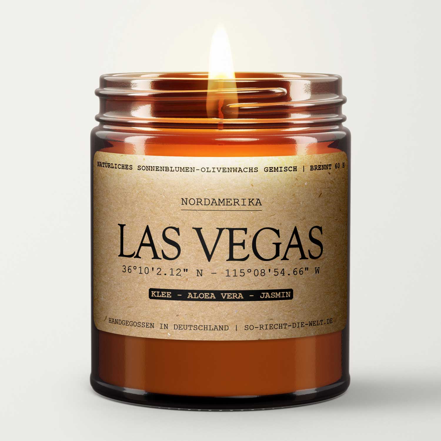 Bougie parfumée, artisanale et vegan Las Vegas à la cire de tournesol et d'olive, mèche en coton, parfum trèfle à quatre feuilles, aloe vera et jasmin.