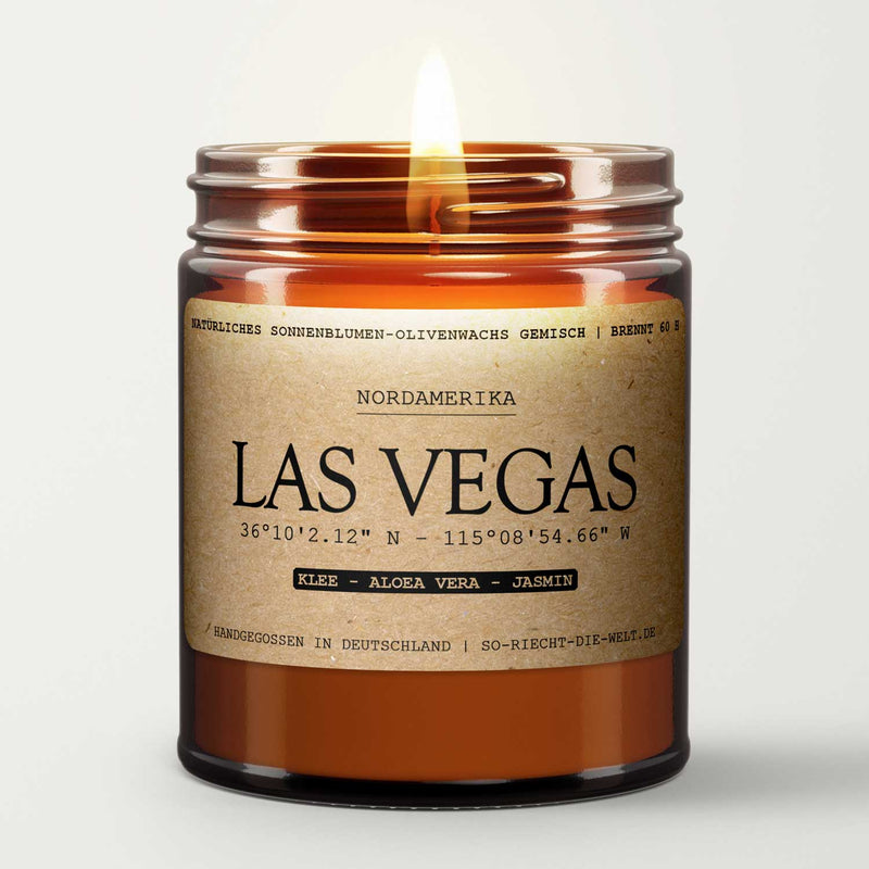 Bougie parfumée, artisanale et vegan Las Vegas à la cire de tournesol et d'olive, mèche en coton, parfum trèfle à quatre feuilles, aloe vera et jasmin.