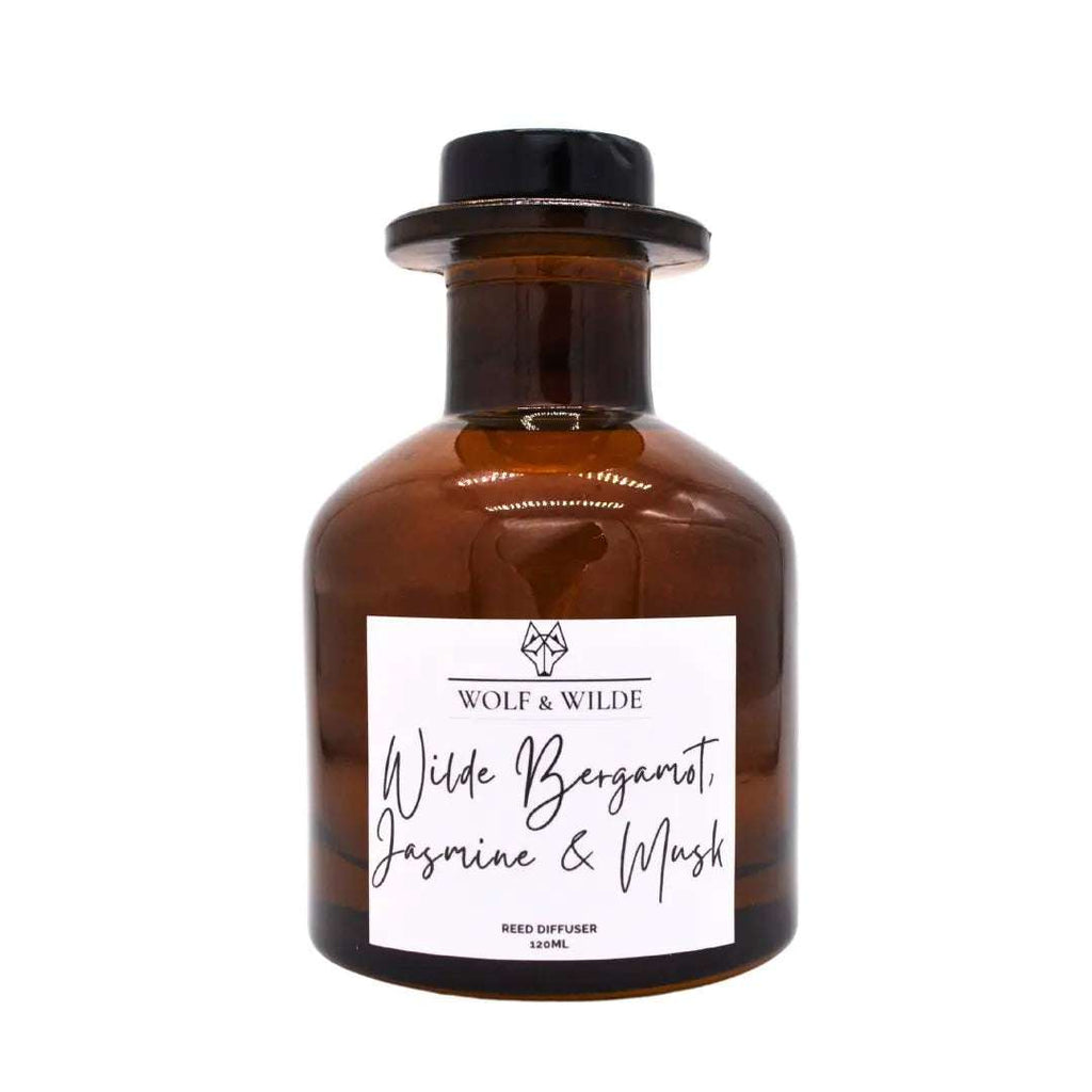 Diffuseur de parfum naturel, artisanal, pot en verre ambré, bergamote, jasmin et musc.