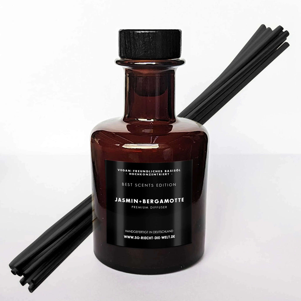 Diffuseur de parfum vegan jasmin et bergamote avec roseaux, 200ml.