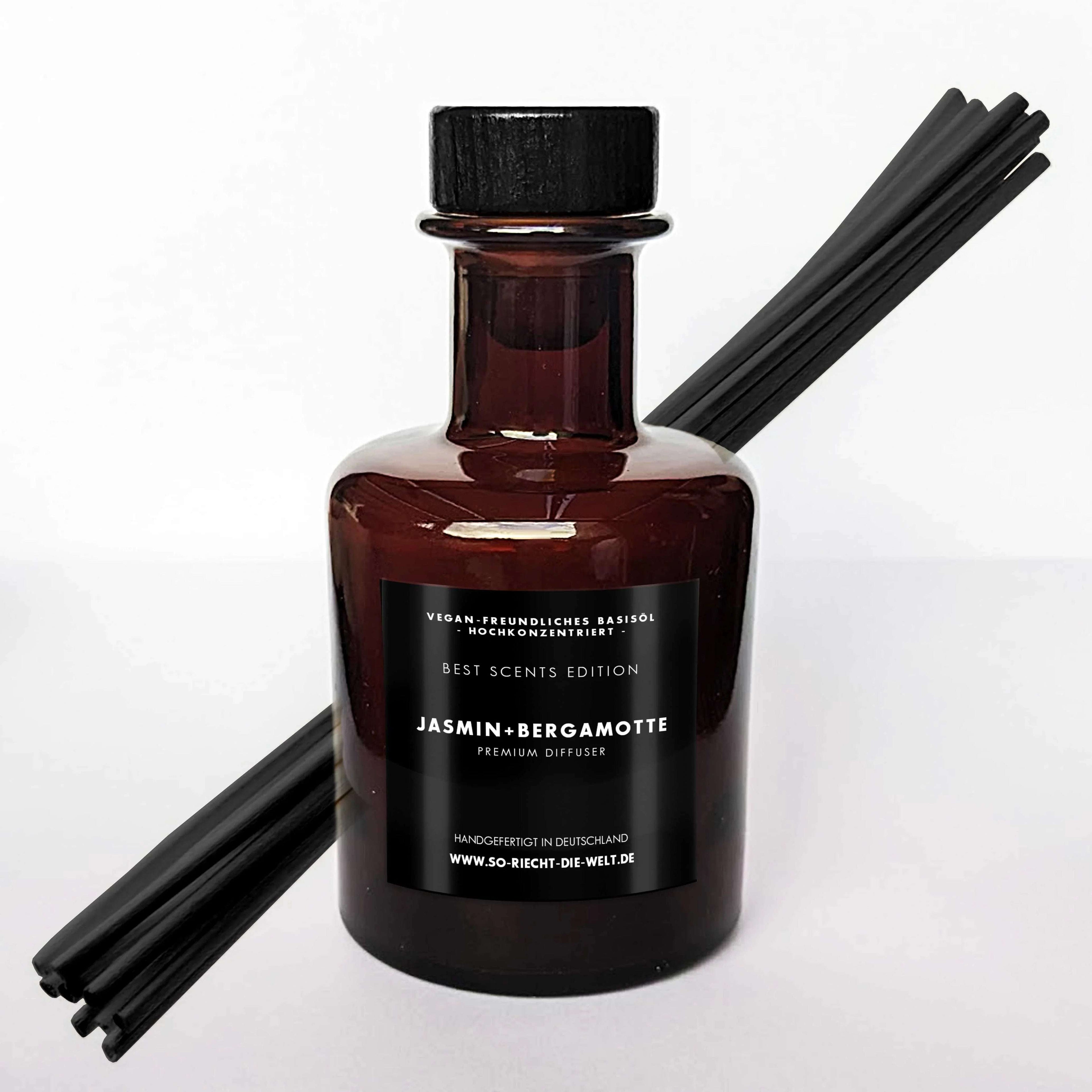 Diffuseur de parfum vegan jasmin et bergamote avec roseaux, 200ml.