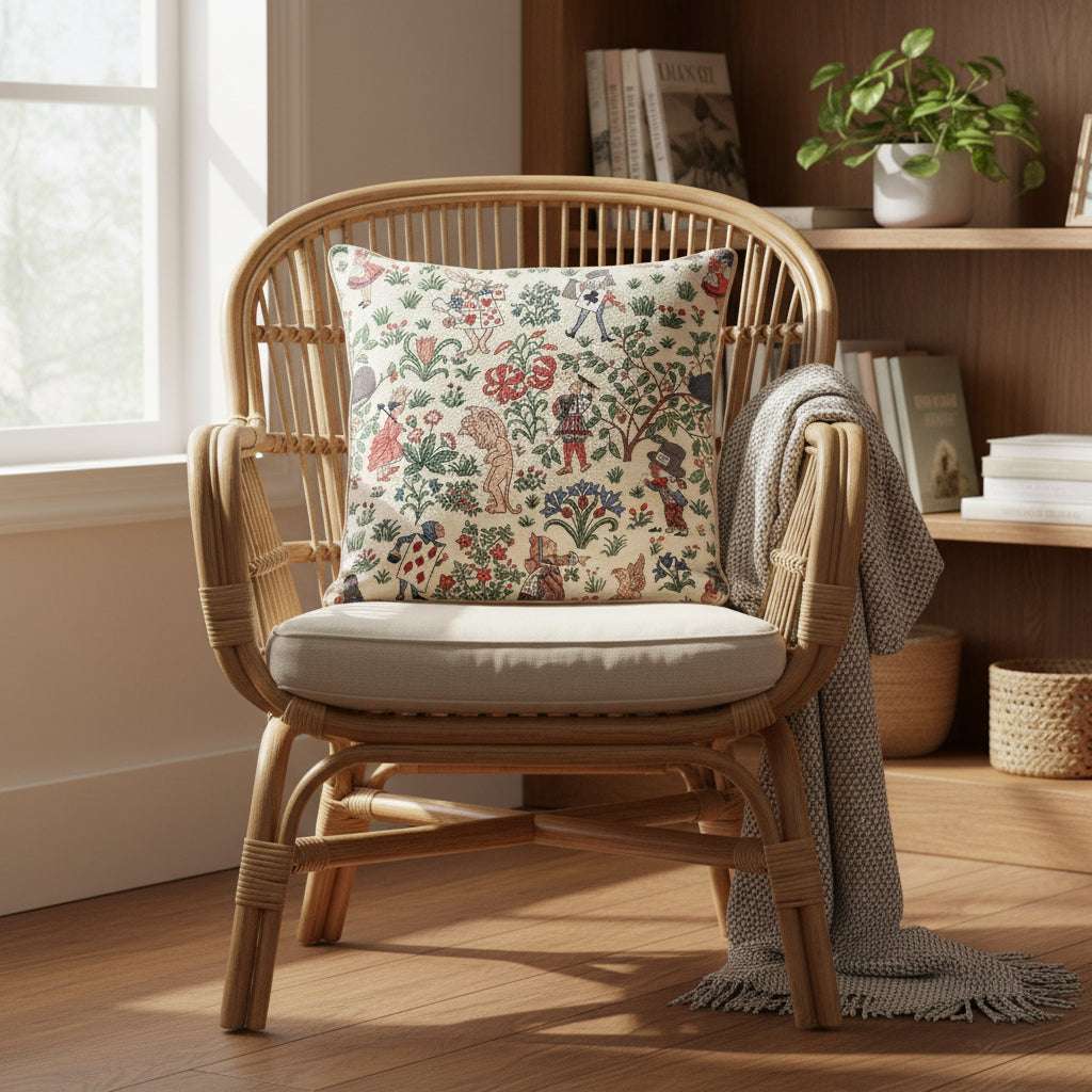 Housse de coussin en tapisserie Alice au pays des merveilles sur un fauteuil de salon.