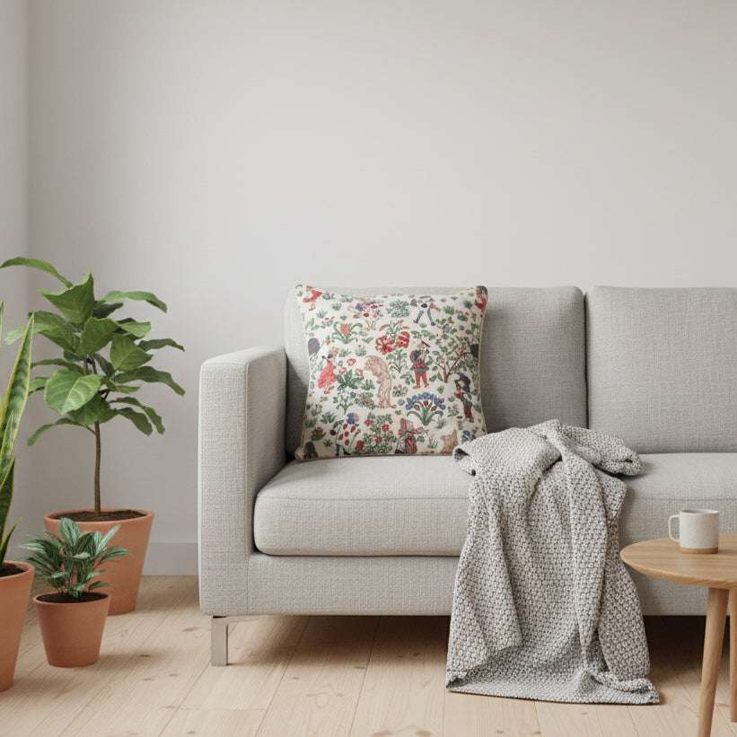 Housse de coussin en tapisserie sur un canapé dans un salon, illustration Alice au pays des merveilles.