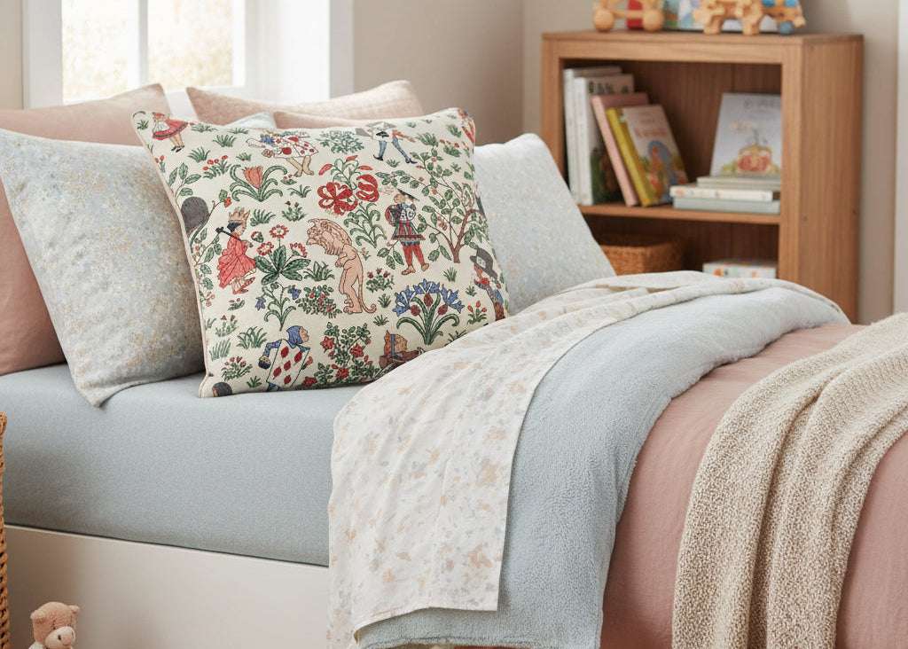 Housse de coussin en tapisserie pour chambre d'enfant sur un lit.