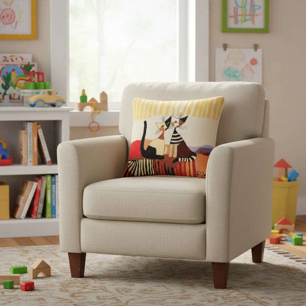 Housse de coussin en tapisserie avec motifs de chats de Rosina Wachtmeister dans une chambre d'enfant.