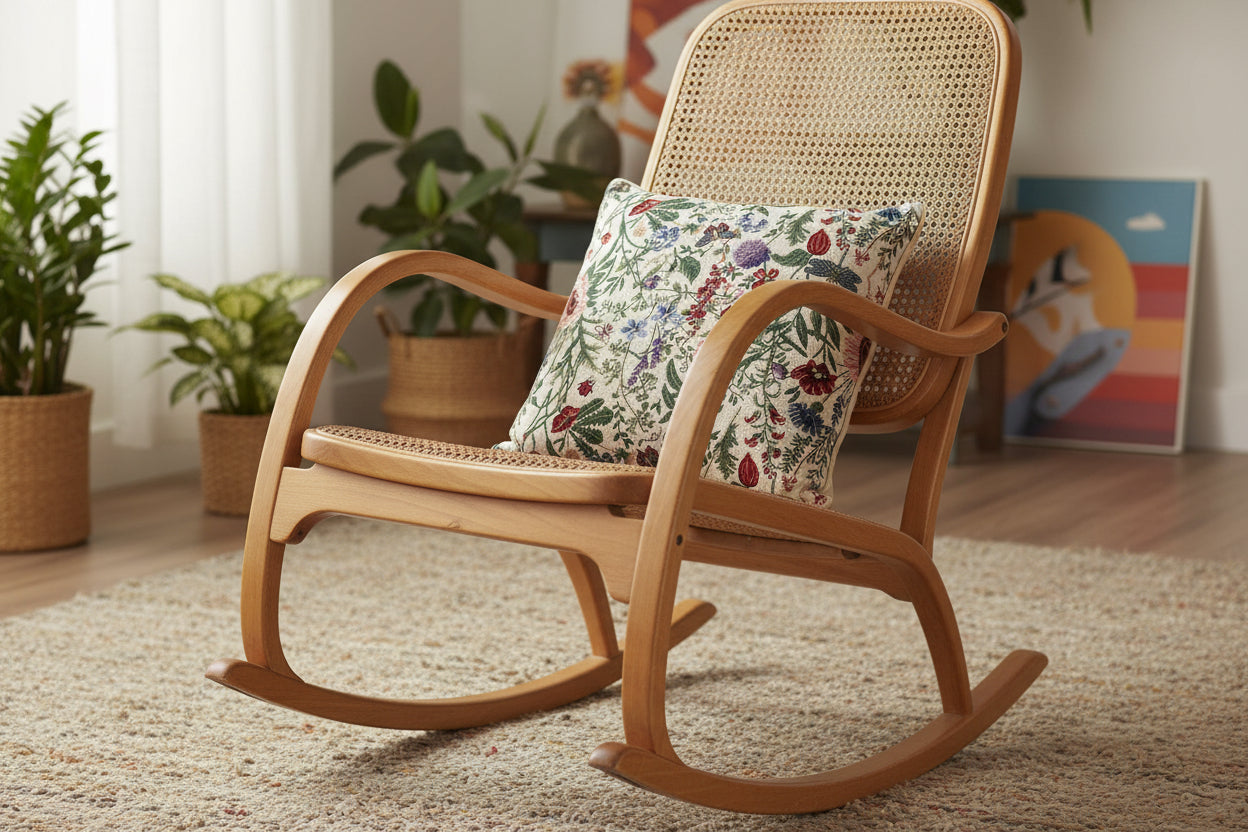 Housse de coussin en tapisserie aux motifs de fleurs sur fauteuil à bascule dans salon.