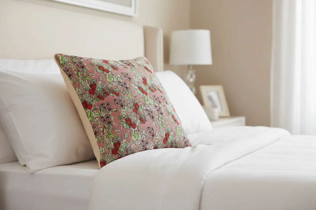 Housse de coussin en tapisserie aux motifs de fraises des bois sur un lit.