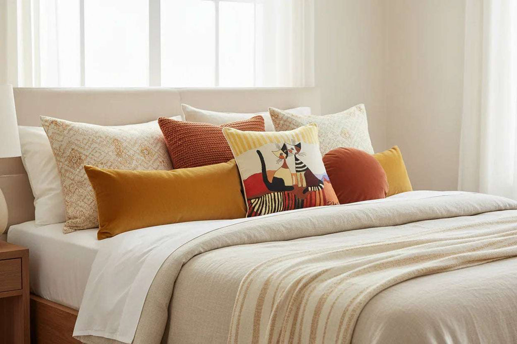 Housse de coussin en tapisserie sur un lit avec motifs de chats de Rosina Wachtmeister.