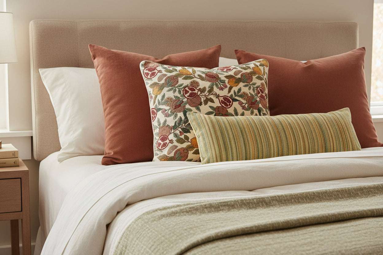 Housse de coussin en tapisserie motifs fruits William Morris sur un lit.