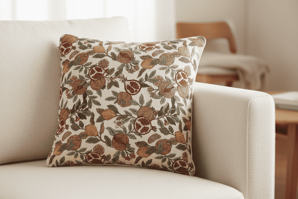 Housse de coussin en tapisserie motifs grenades et citrons sur canapé.