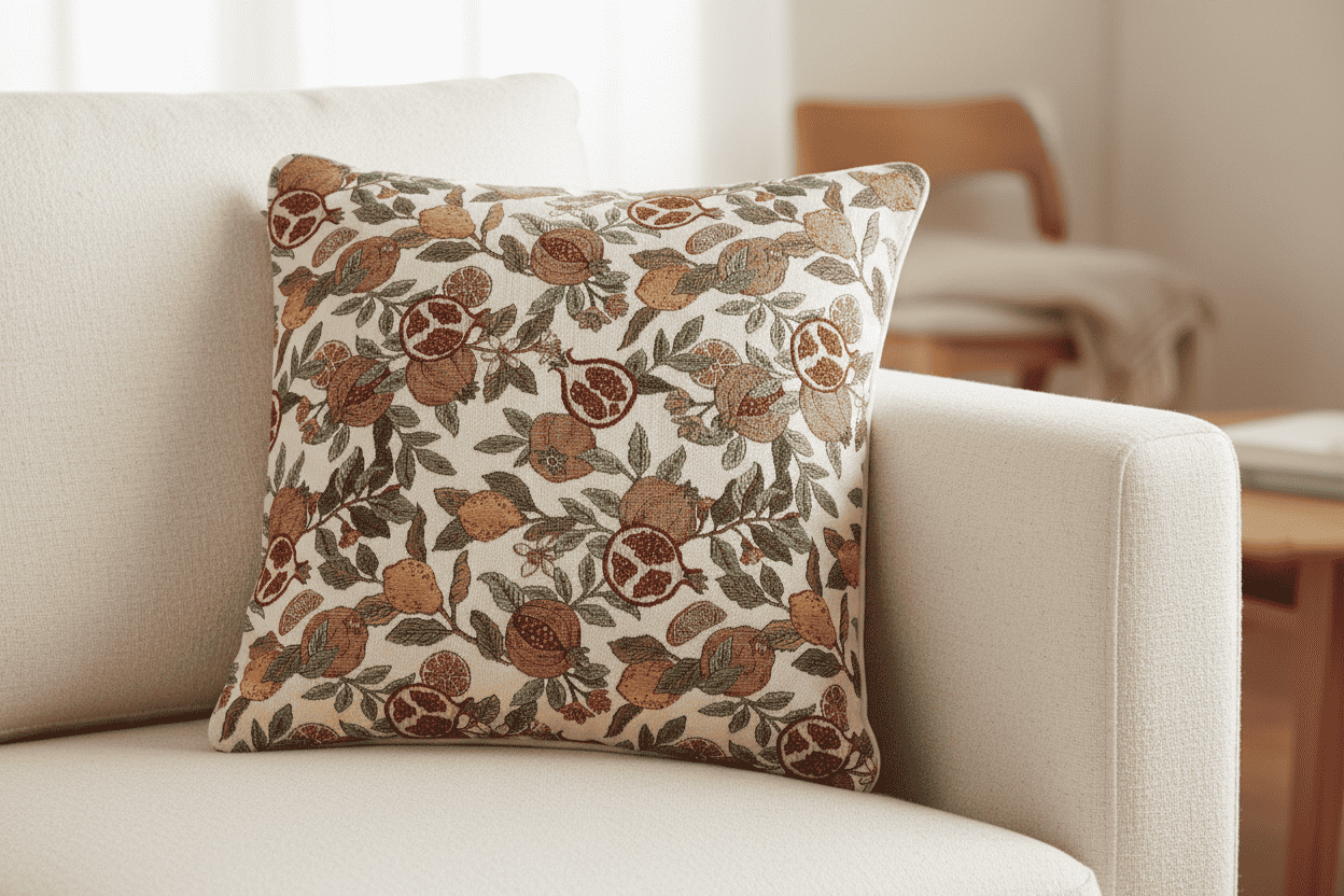 Housse de coussin en tapisserie motifs grenades et citrons sur canapé.