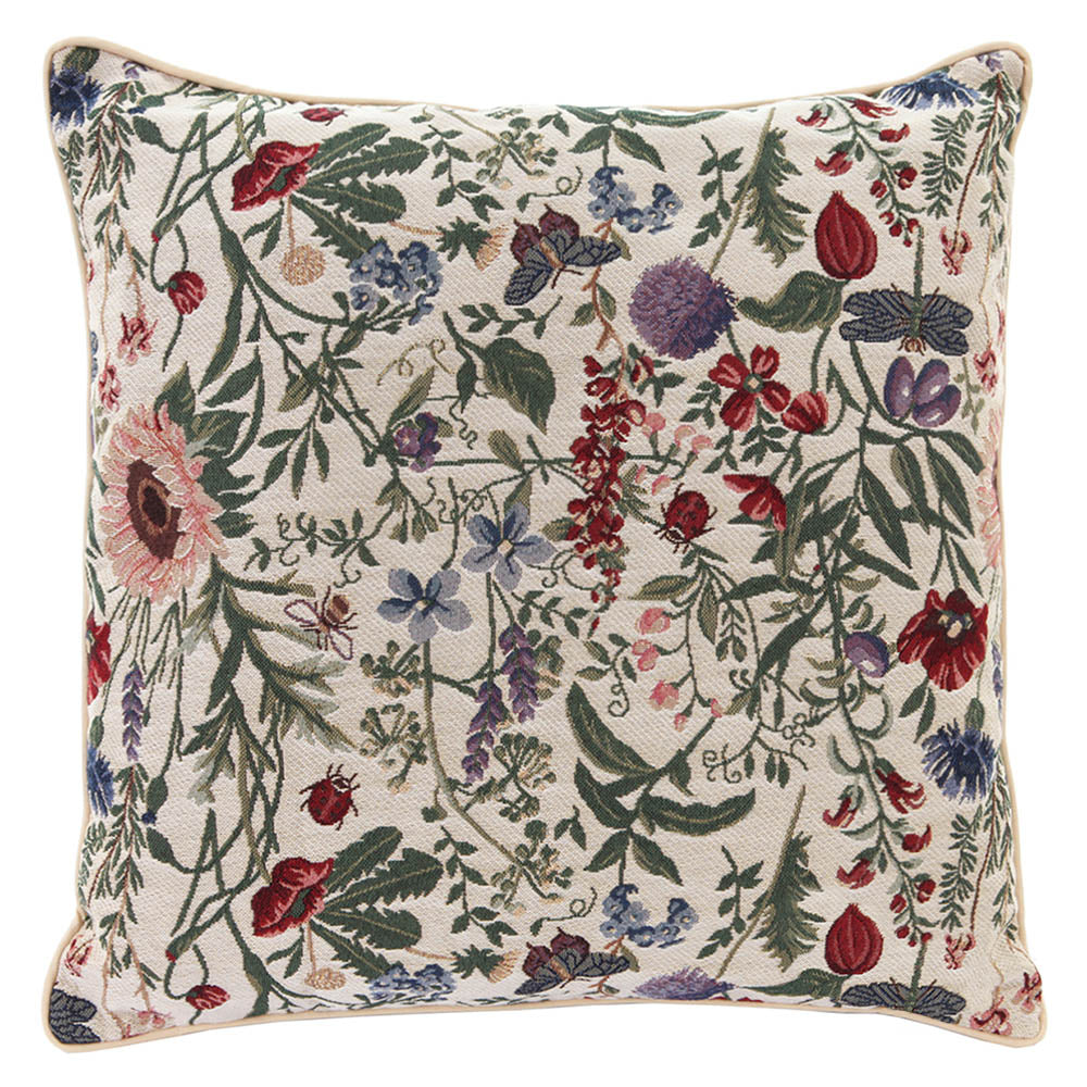 Housse de coussin en tapisserie motifs jardin fleuri.