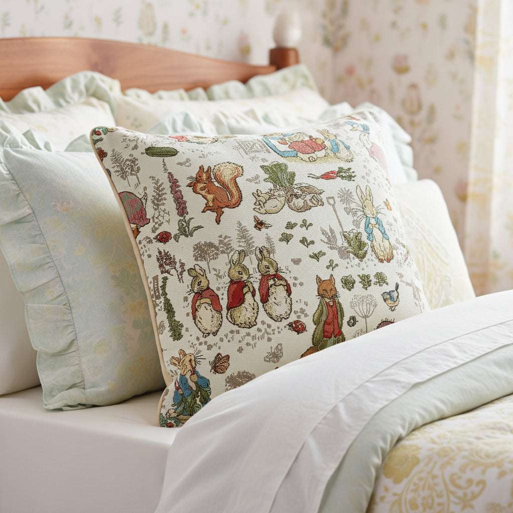 Housse de coussin en tapisserie Pierre Lapin de Beatrix Potter.