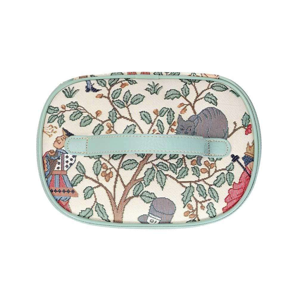 Housse de toilette et à maquillage en tapisserie avec anse Alice au pays des merveilles vue du dessus.