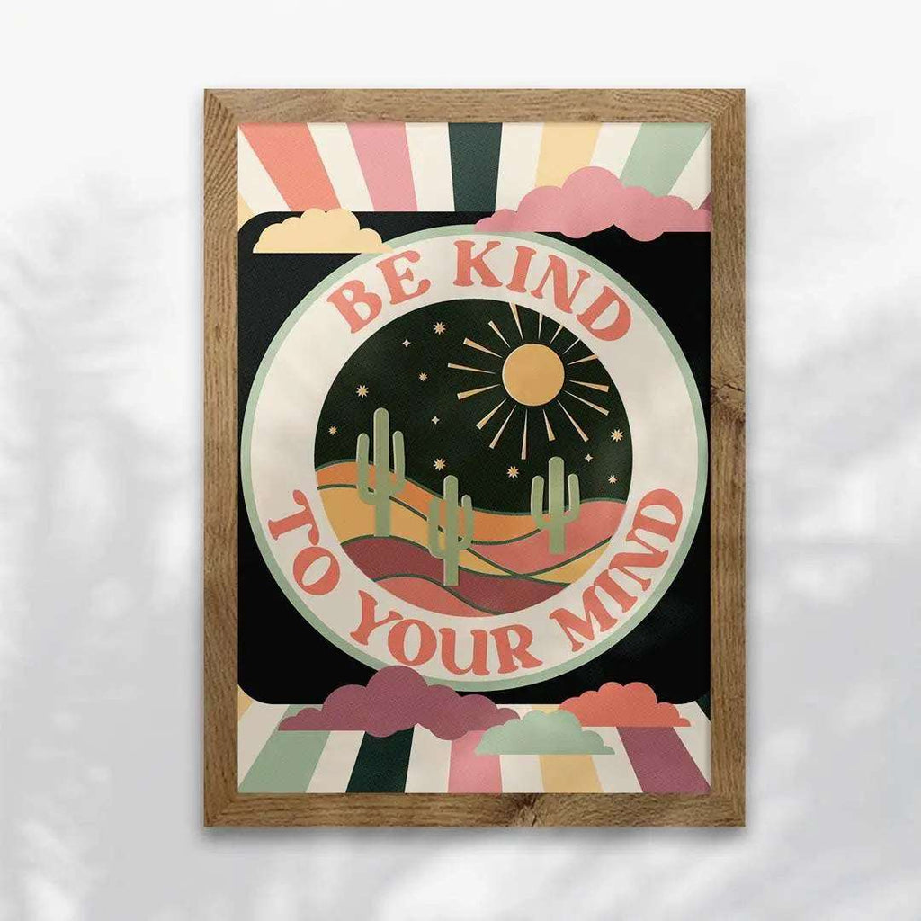 Impression d'art, affiche vintage inspirante et positive avec cadre chêne.
