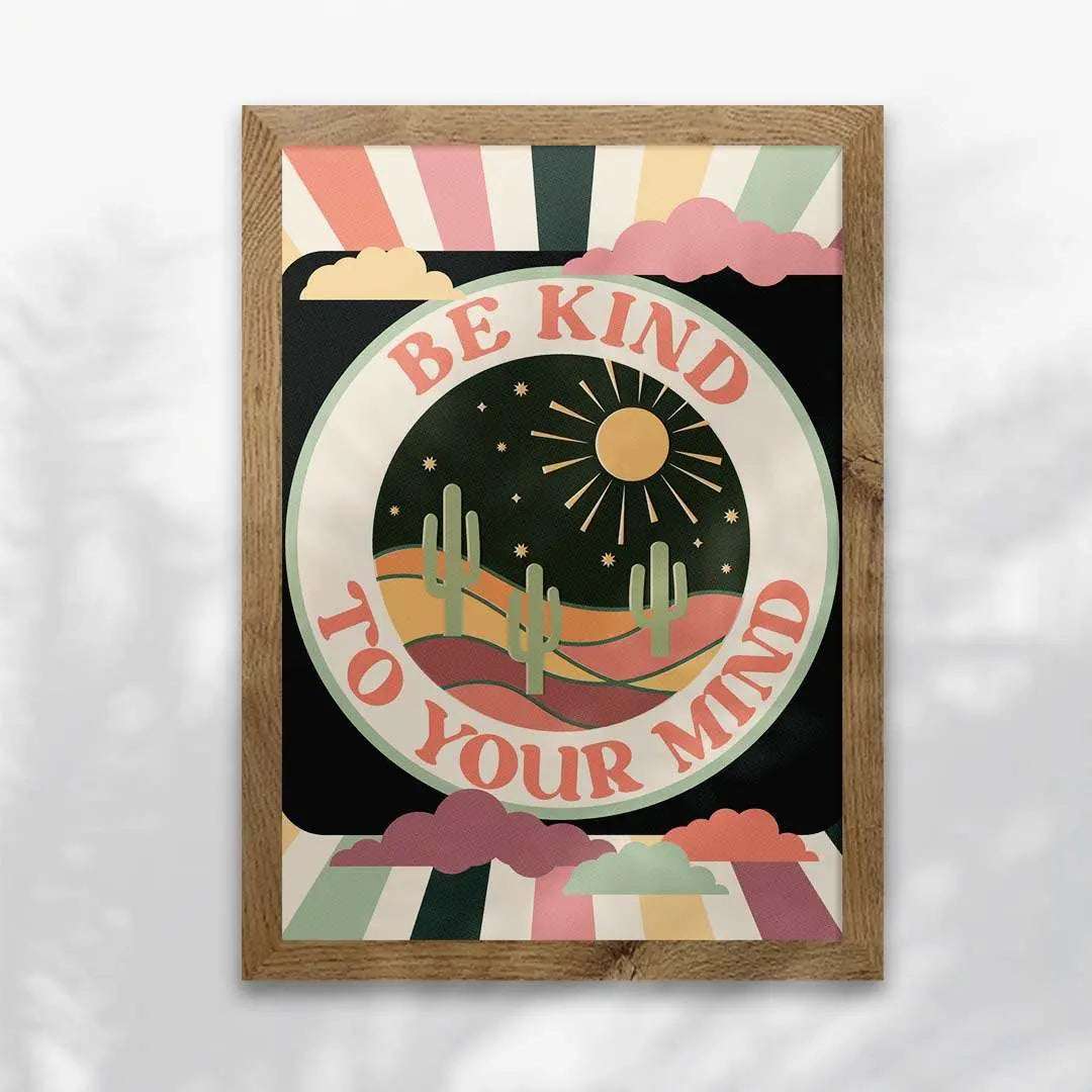 Impression d'art, affiche vintage inspirante et positive avec cadre chêne.