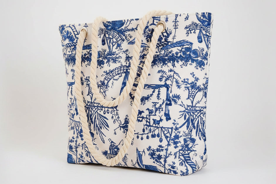 Sac cabas en polyester tapisserie avec motifs chinois bleus et anse en corde.