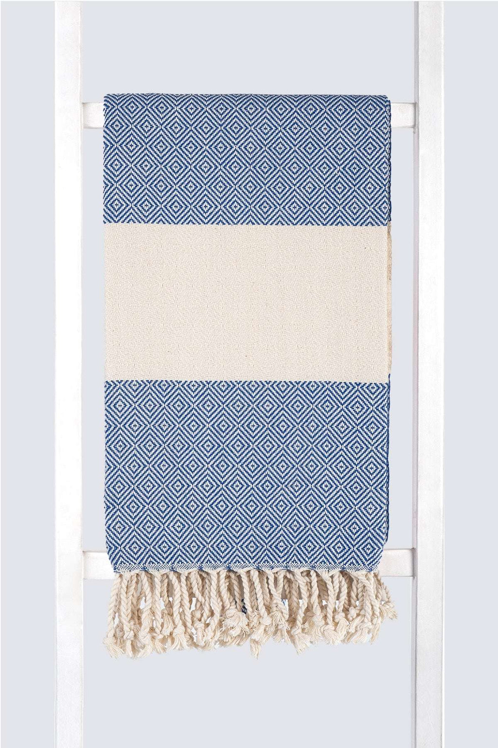 Serviette turque artisanale en coton, Peshtemal motif diamant bleu saxe.