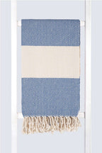 Serviette turque artisanale en coton, Peshtemal motif diamant bleu saxe.