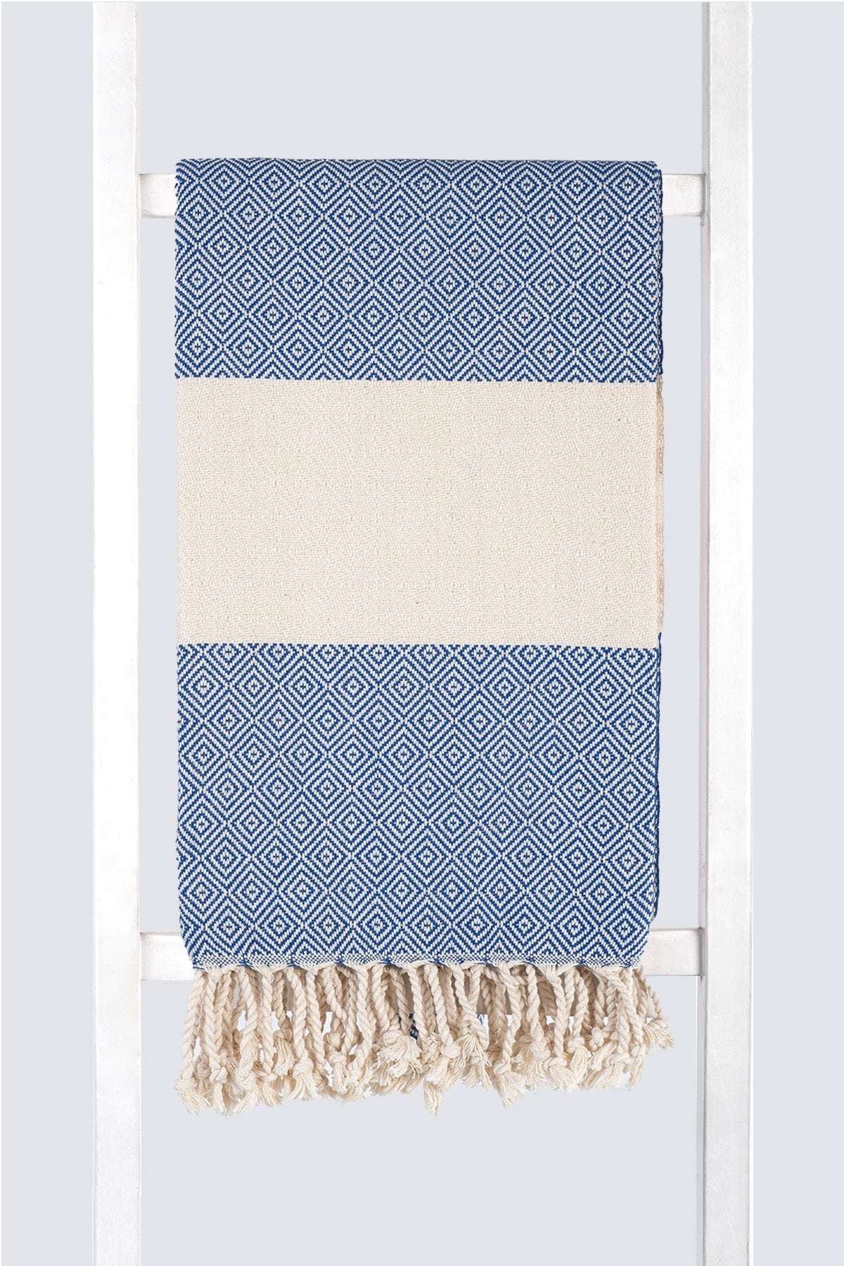 Serviette turque artisanale en coton, Peshtemal motif diamant bleu saxe.