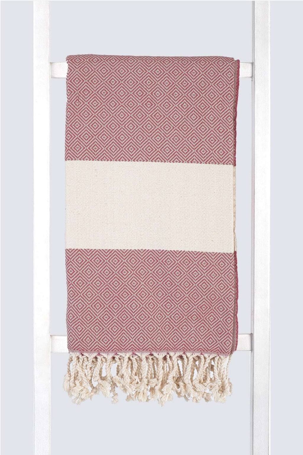 Serviette turque artisanale en coton, Peshtemal motif diamant couleur bordeaux.