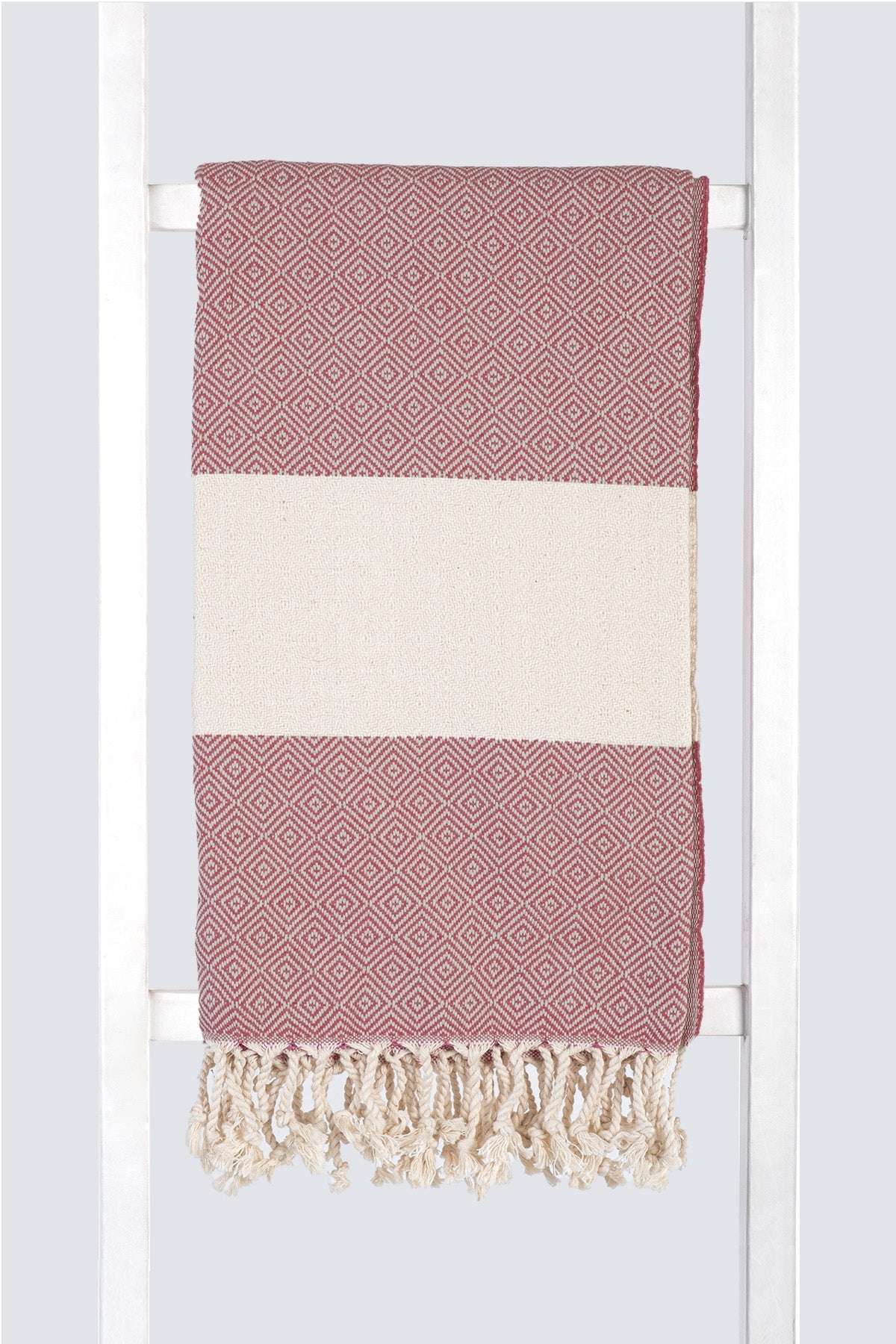 Serviette turque artisanale en coton, Peshtemal motif diamant couleur bordeaux.