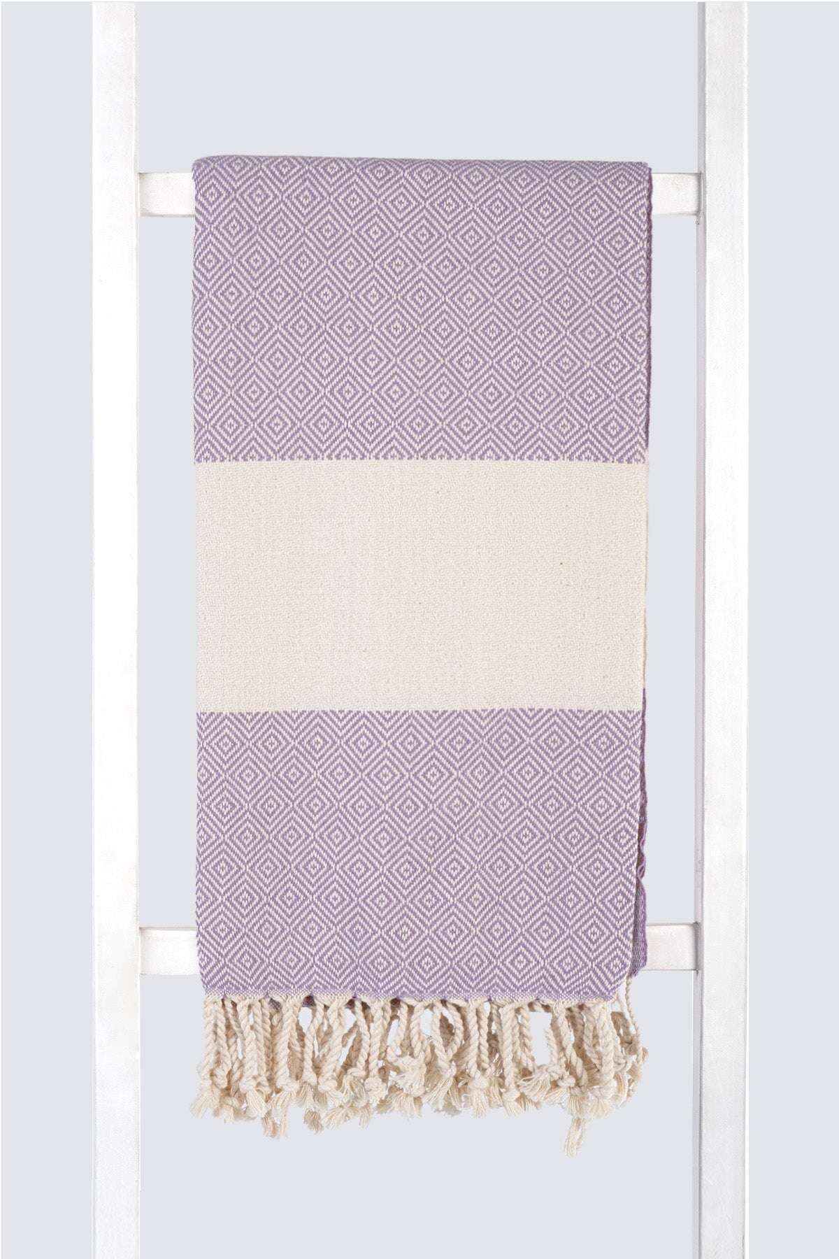 Serviette turque artisanale en coton, Peshtemal motif diamant couleur lilas.