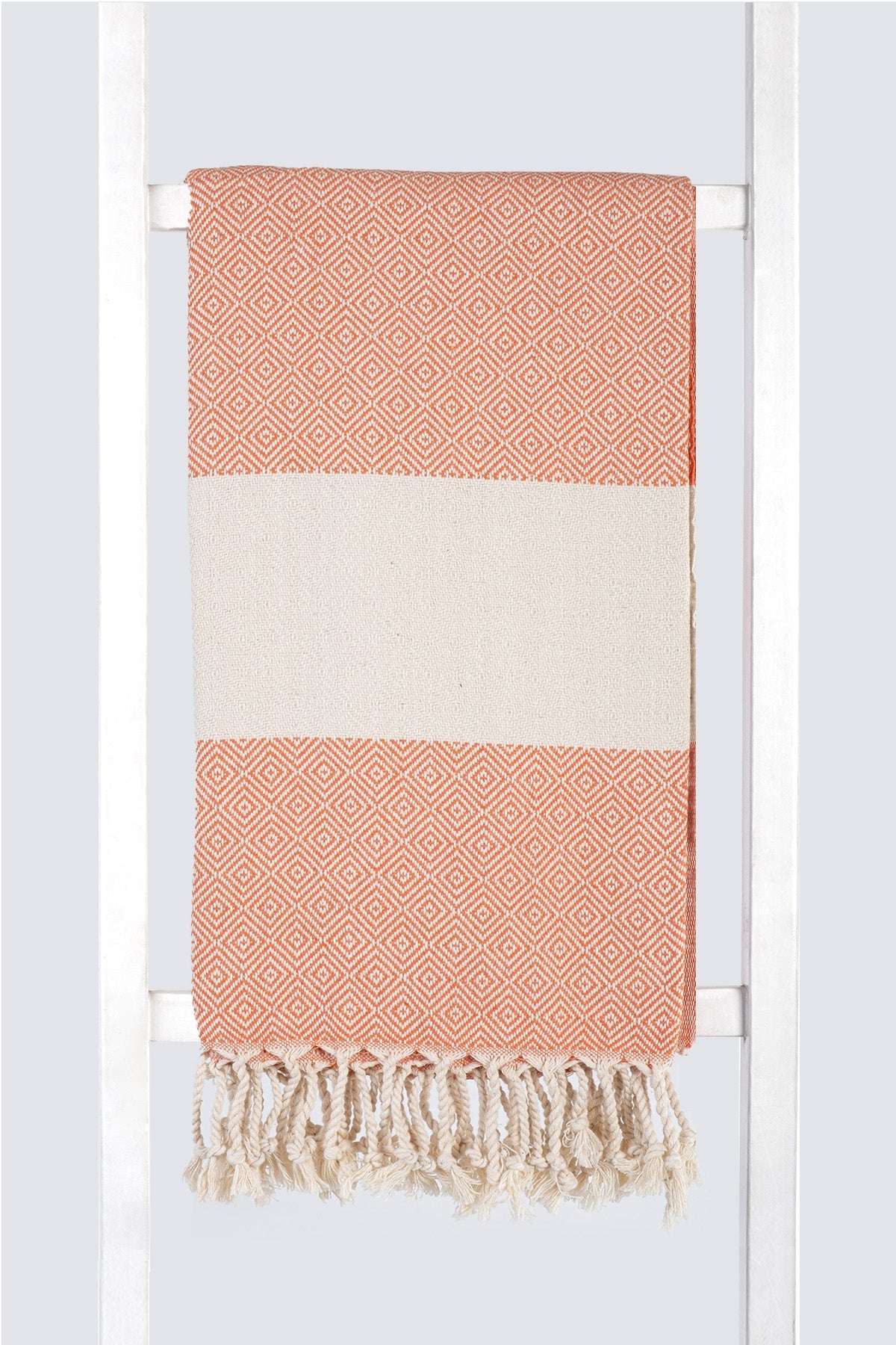Serviette turque artisanale en coton, Peshtemal motif diamant couleur orange.