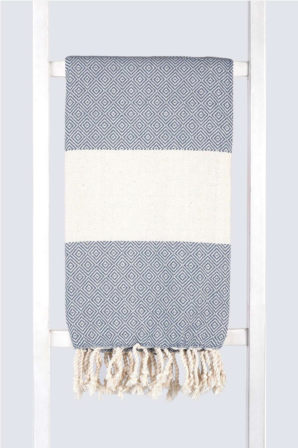 Serviette turque artisanale en coton, Peshtemal motif diamant couleur pétrole.