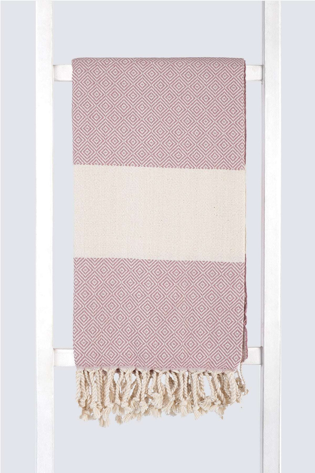 Serviette turque artisanale en coton, Peshtemal motif diamant couleur saumon.