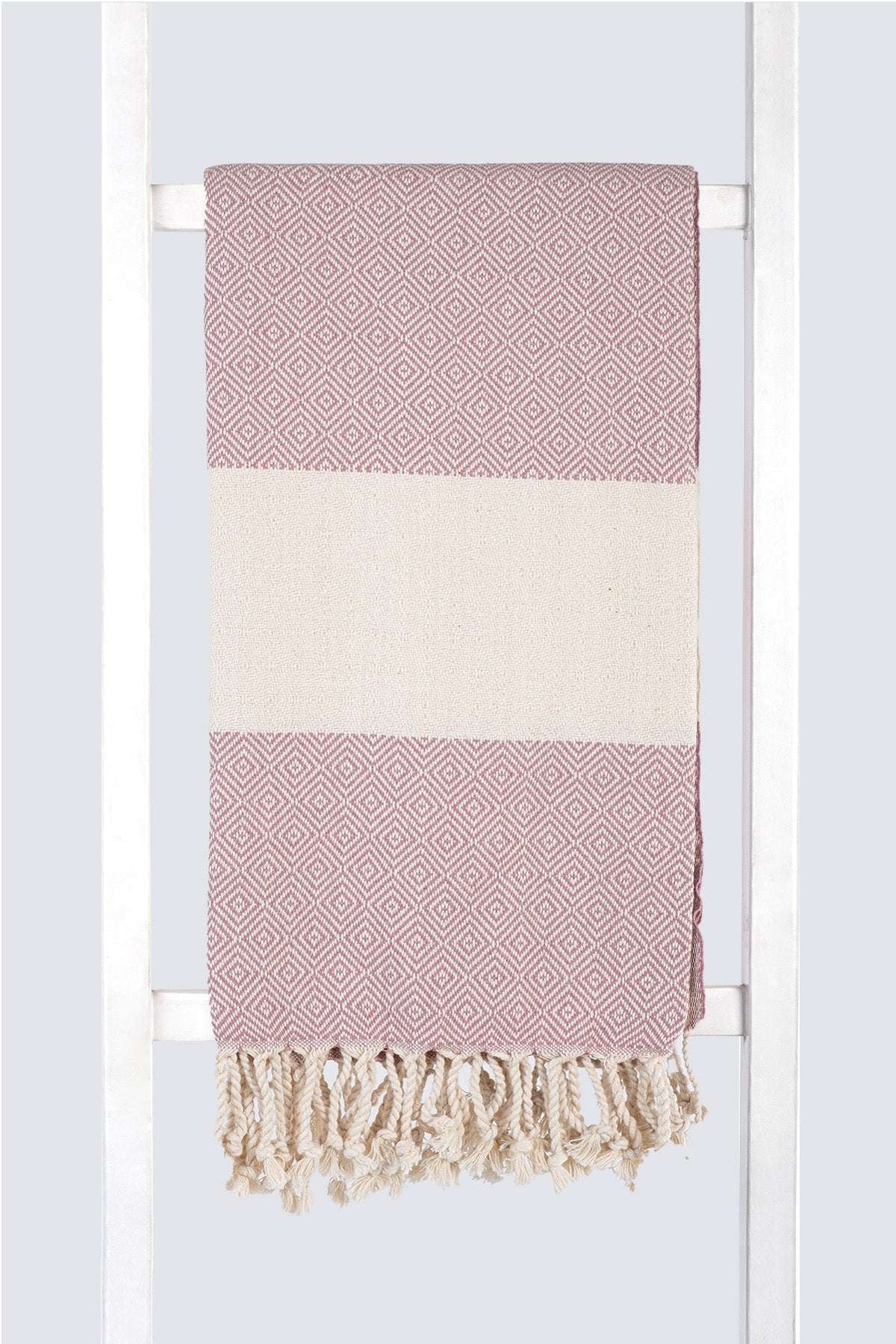 Serviette turque artisanale en coton, Peshtemal motif diamant couleur saumon.
