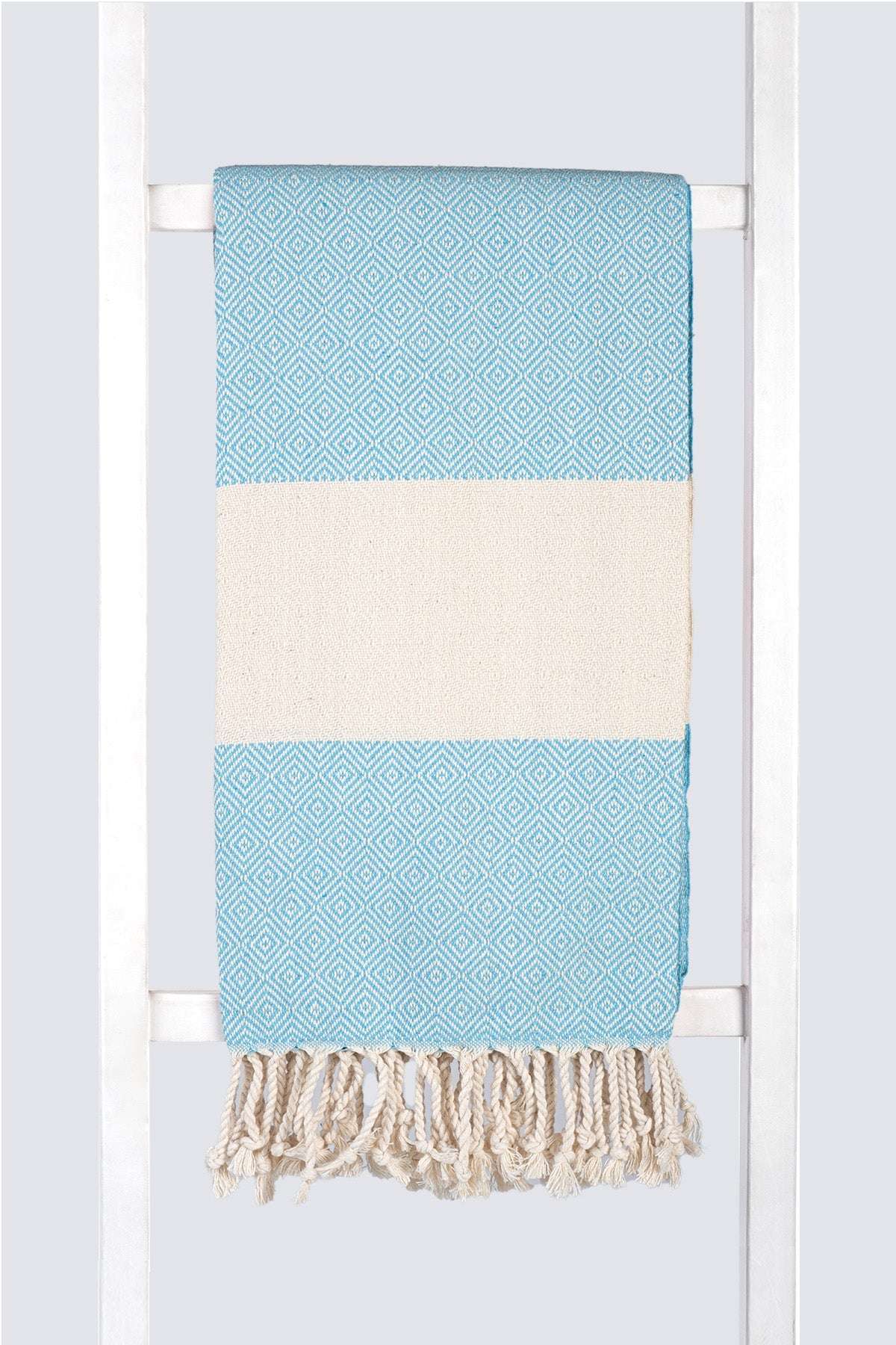 Serviette turque artisanale en coton, Peshtemal motif diamant couleur turquoise.
