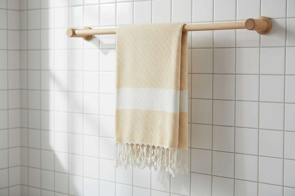 Serviette turque artisanale jaune dans salle de bain.