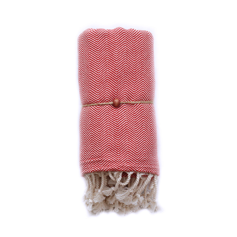 Serviette turque de hammam artisanale, Peshtemal 100% coton motif chevrons rouge.
