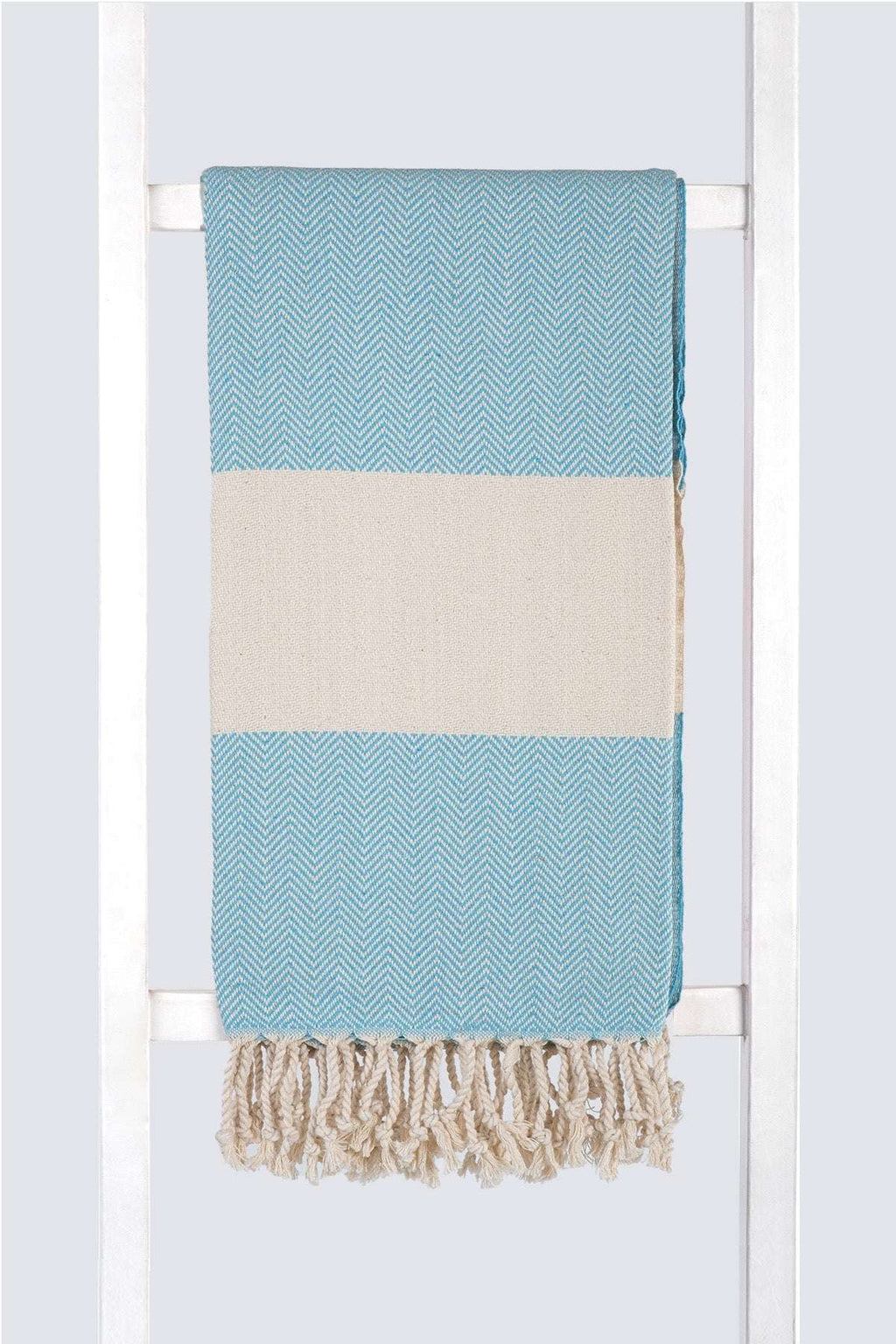 Serviette turque de hammam artisanale, Peshtemal 100% coton motif chevrons turquoise.