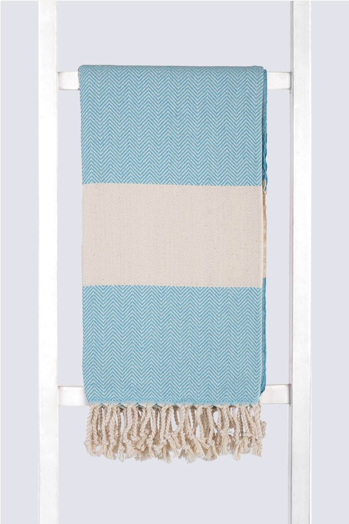 Serviette turque de hammam artisanale, Peshtemal 100% coton motif chevrons turquoise.