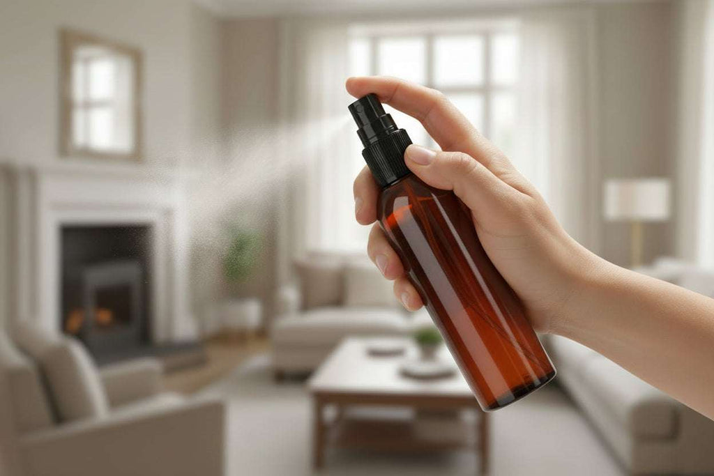 Spray d'ambiance artisanal 120ml poire anglaise, rose blanche et bergamote dans salon.