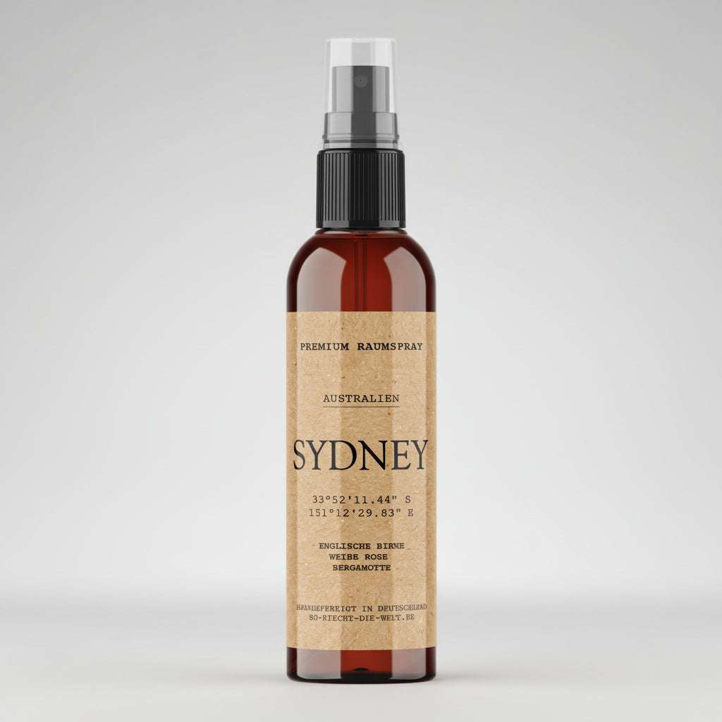 Spray d'ambiance artisanal Sydney, parfum poire anglaise, rose blanche et bergamote.