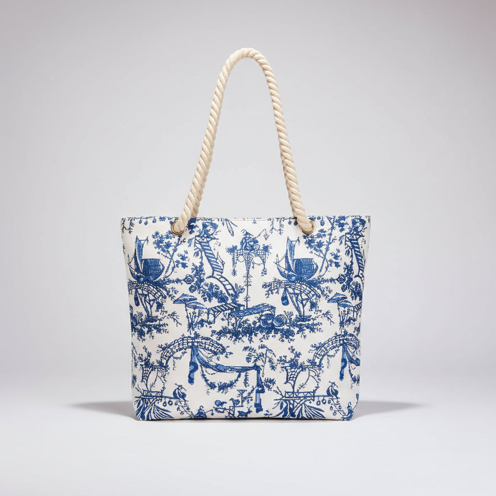 Tote bag en polyester tapisserie avec motifs chinois bleus et anse en corde.