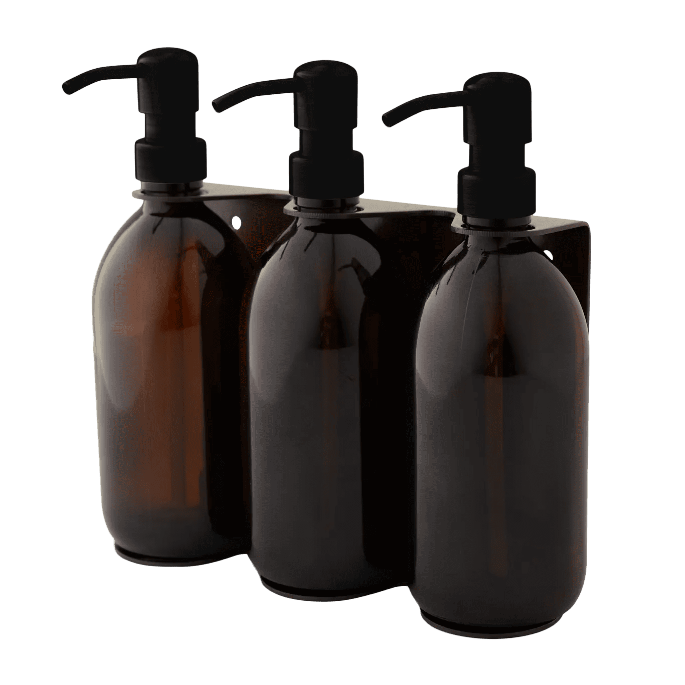 Triple distributeur de savon mural avec flacons verre ambré et pompe noire.